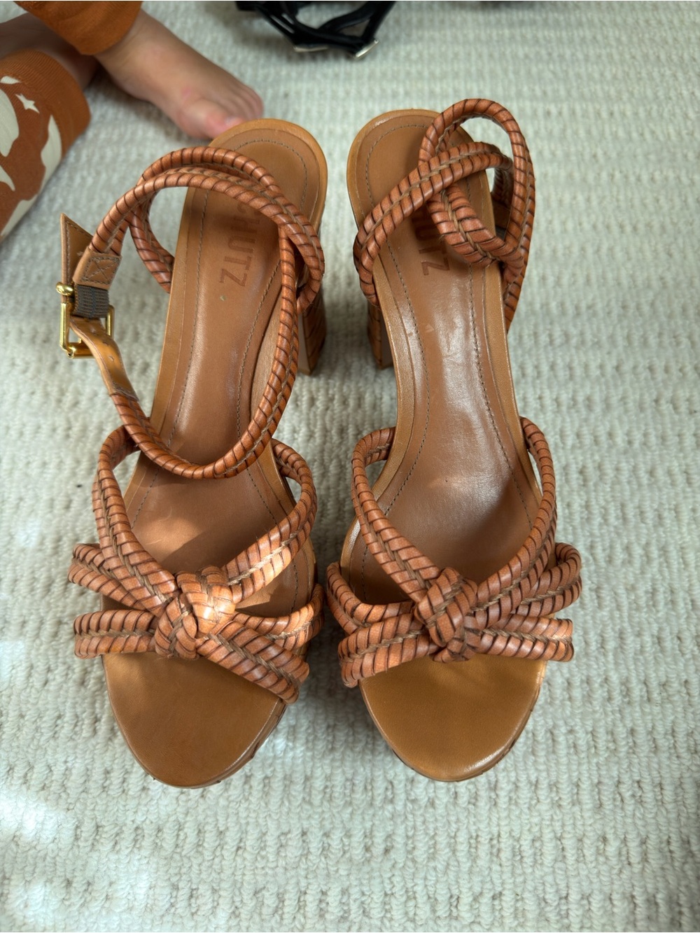 SCHUTZ Woven Cognac Braided Block Heel Sandals - Picture 4 of 6